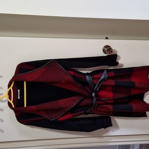 Long black and red sweater/cardigan with leather detailing around neckline